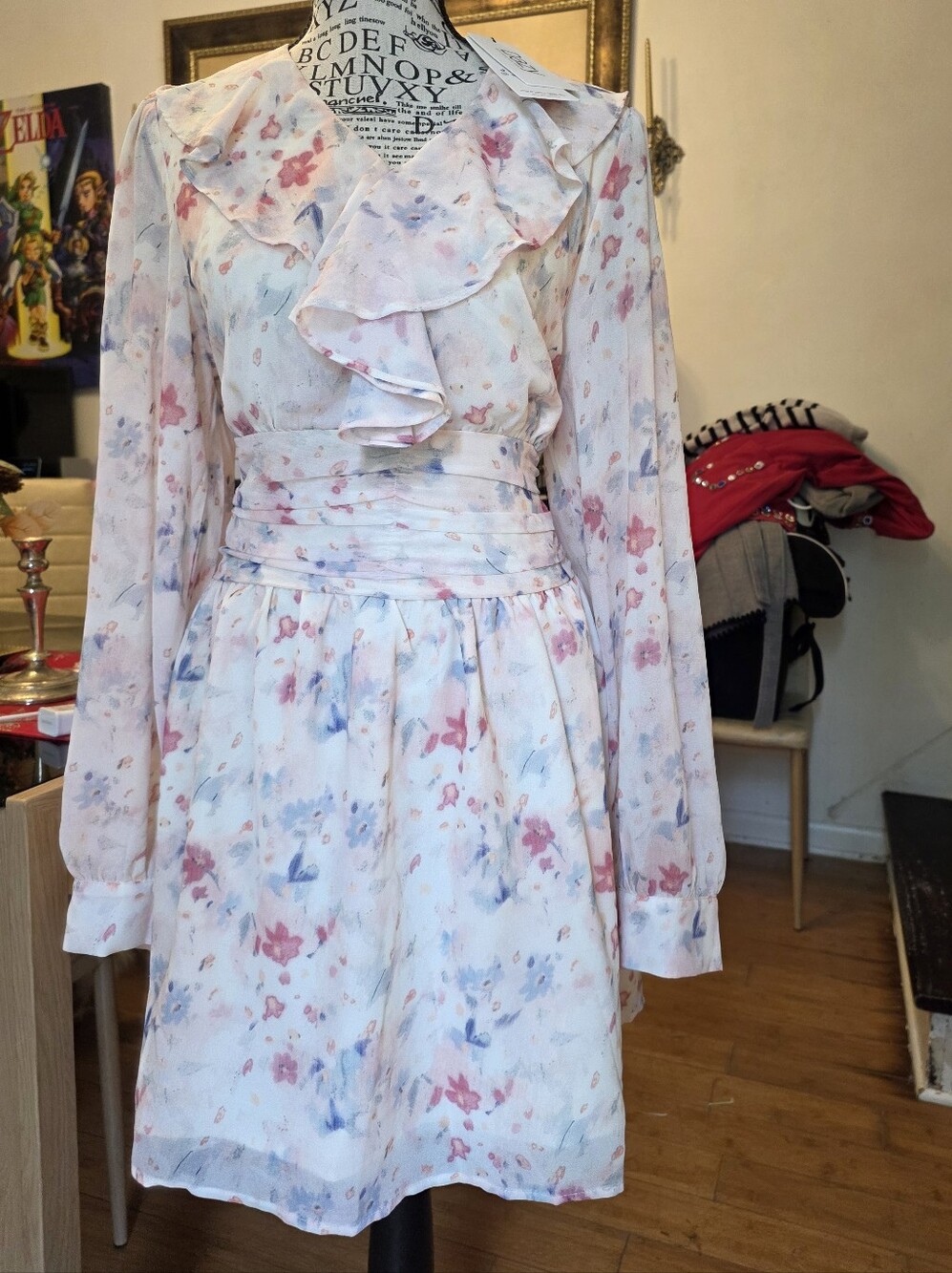 White Floral Ruffle-Front Long Sleeve Mini Dress